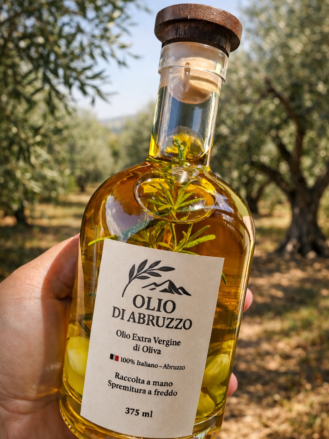 Garrafa Olio di Abruzzo entre oliveiras